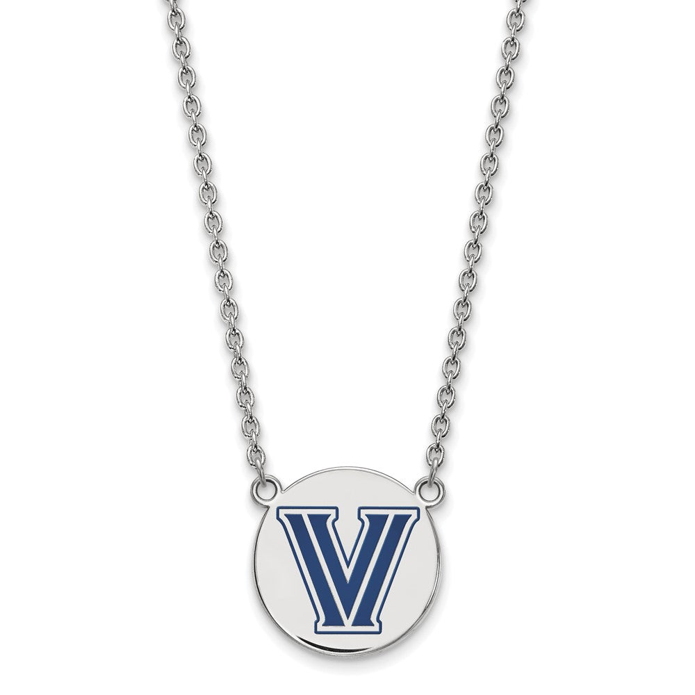 Sterling Silver Rhodium-plated LogoArt Villanova University Letter V Large Enameled Disc Pendant 18 inch Necklace