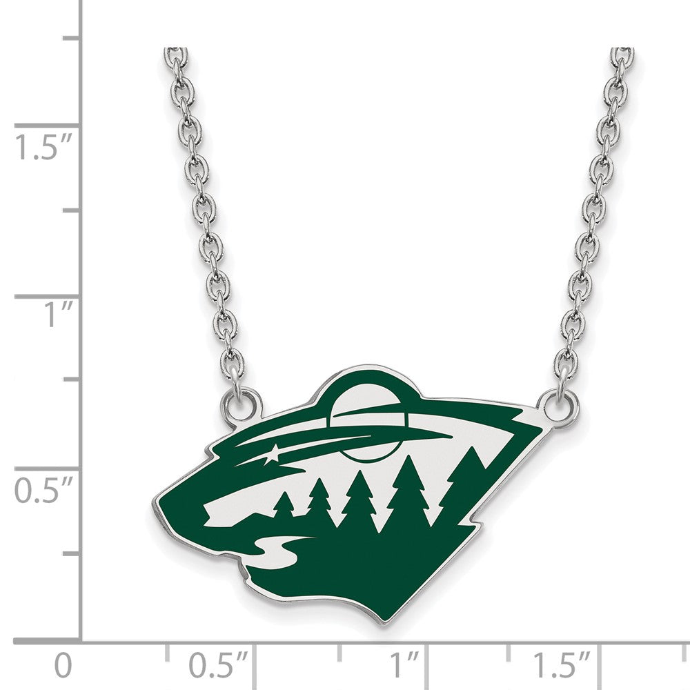 Sterling Silver Rhodium-plated NHL LogoArt Minnesota Wild Large Enameled Pendant 18 inch Necklace