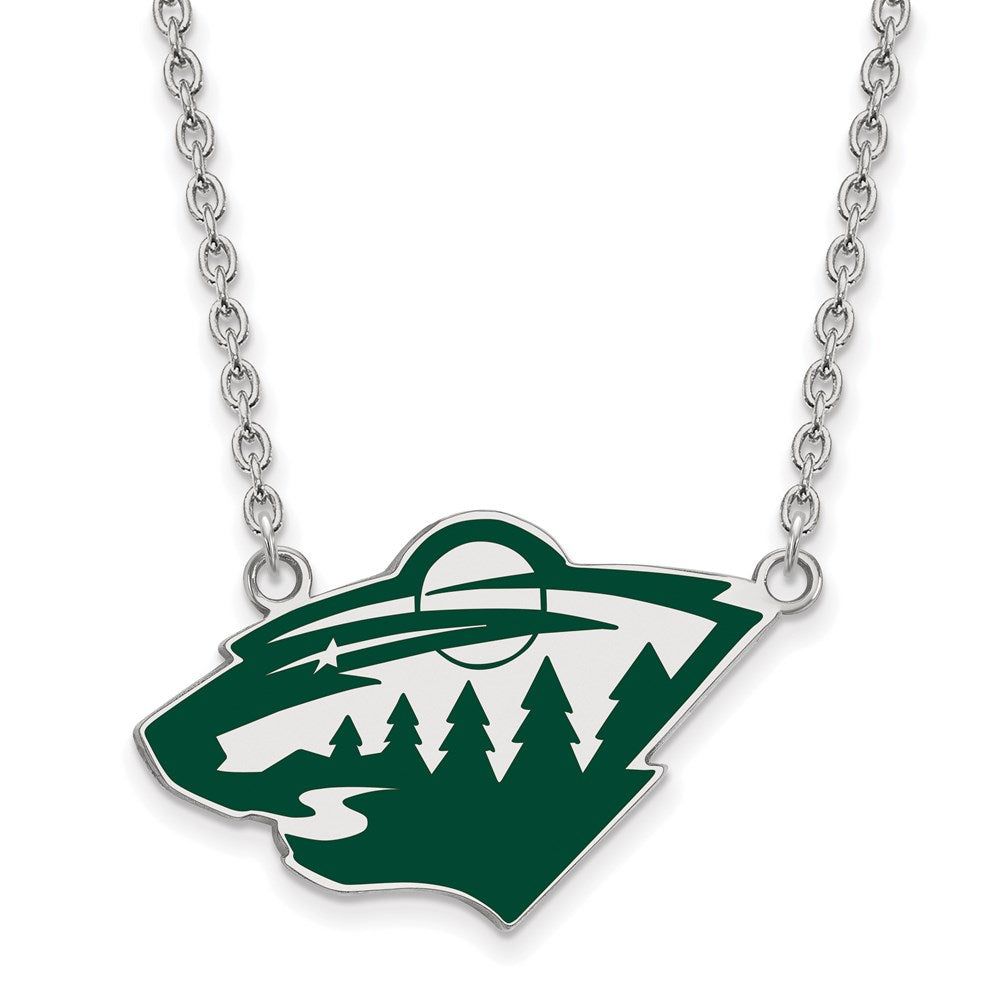 Sterling Silver Rhodium-plated NHL LogoArt Minnesota Wild Large Enameled Pendant 18 inch Necklace