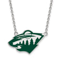 Sterling Silver Rhodium-plated NHL LogoArt Minnesota Wild Large Enameled Pendant 18 inch Necklace