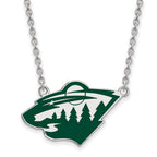 Sterling Silver Rhodium-plated NHL LogoArt Minnesota Wild Large Enameled Pendant 18 inch Necklace