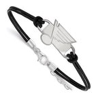 Sterling Silver Rhodium-plated NHL LogoArt St. Louis Blues Small Center Black Leather 7 inch Bracelet with Extender