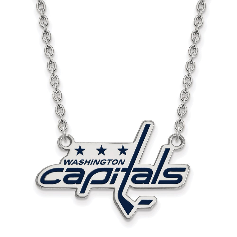 Sterling Silver Rhodium-plated NHL LogoArt Washington Capitals Large Enameled Pendant 18 inch Necklace