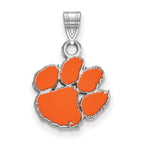 Sterling Silver Rhodium-plated LogoArt Clemson University Tiger Paw Small Enameled Pendant