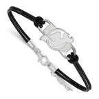 Sterling Silver Rhodium-plated NHL LogoArt New Jersey Devils Small Center Black Leather 7 inch Bracelet with Extender