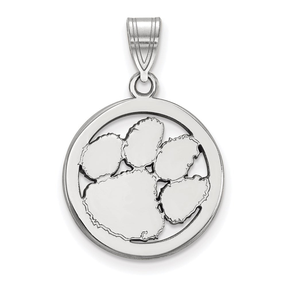 Sterling Silver Rhodium-plated LogoArt Clemson University Tiger Paw Medium Circle Pendant