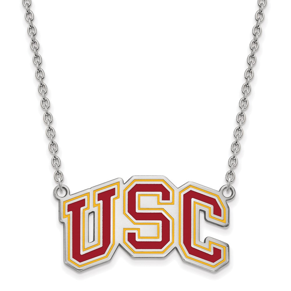 Sterling Silver Rhodium-plated University of Southern California U-S-C Large Enameled Pendant 18 inch Necklace