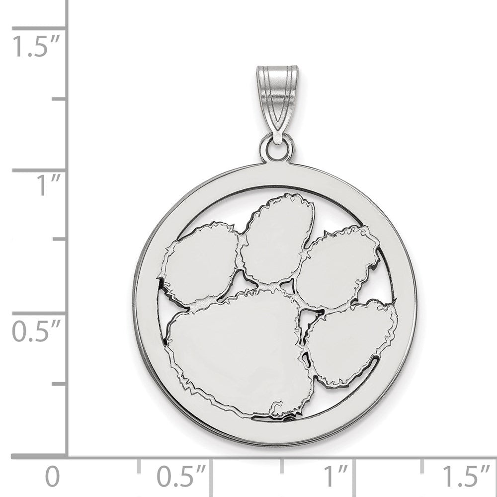 Sterling Silver Rhodium-plated LogoArt Clemson University Tiger Paw Extra Large Circle Pendant