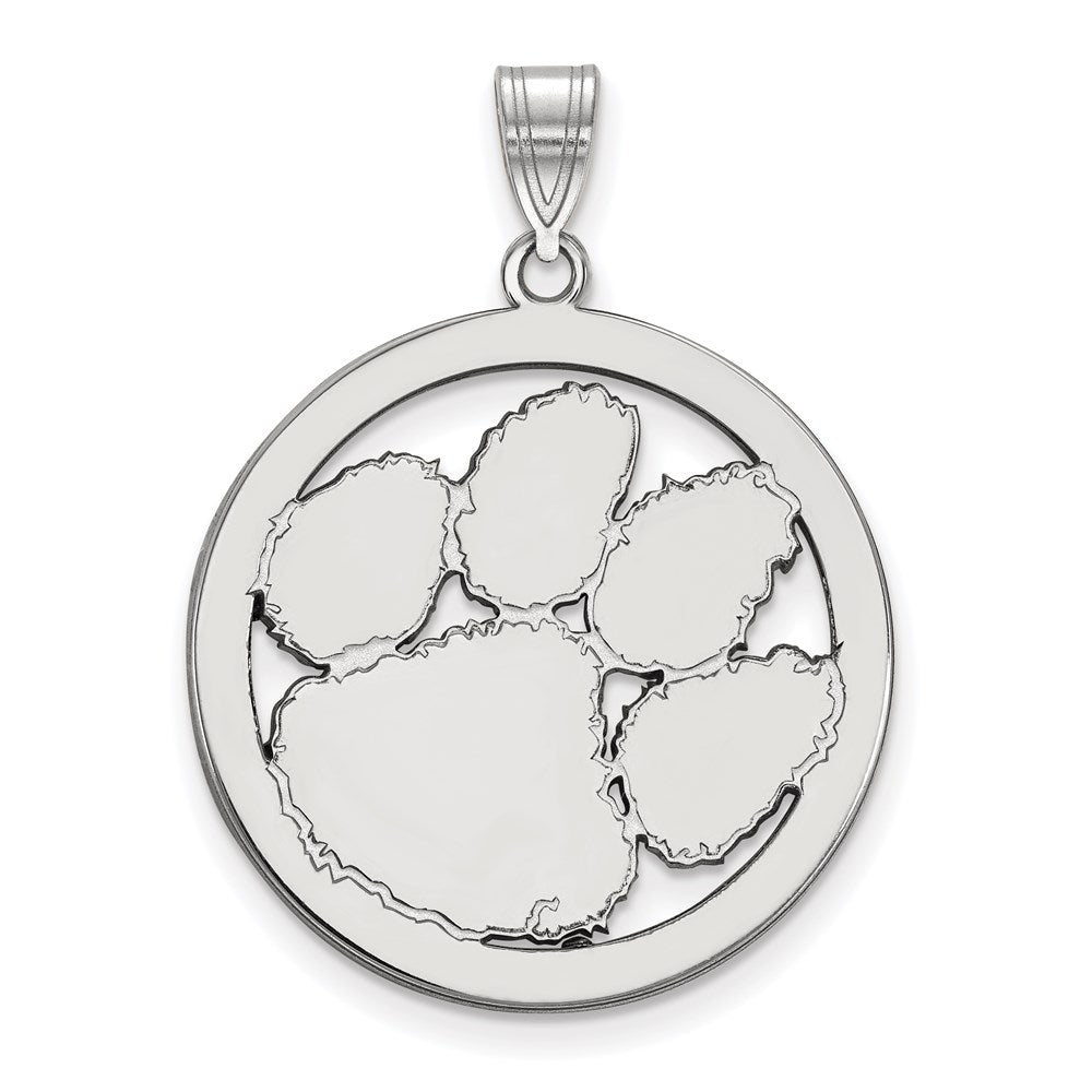 Sterling Silver Rhodium-plated LogoArt Clemson University Tiger Paw Extra Large Circle Pendant