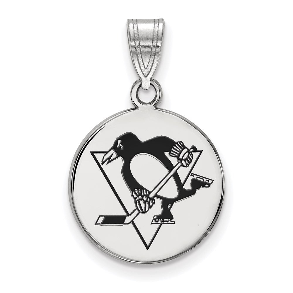 Sterling Silver Rhodium-plated NHL LogoArt Pittsburgh Penguins Medium Enameled Disc Pendant