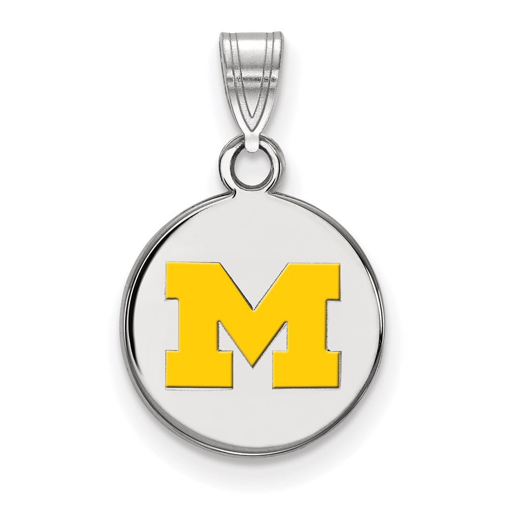 Sterling Silver Rhodium-plated LogoArt University of Michigan Letter M Small Yellow Enameled Disc Pendant