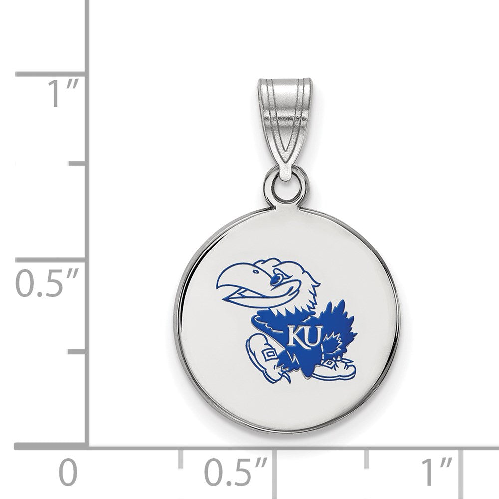Sterling Silver Rhodium-plated LogoArt University of Kansas Jayhawk Medium Enameled Disc Pendant