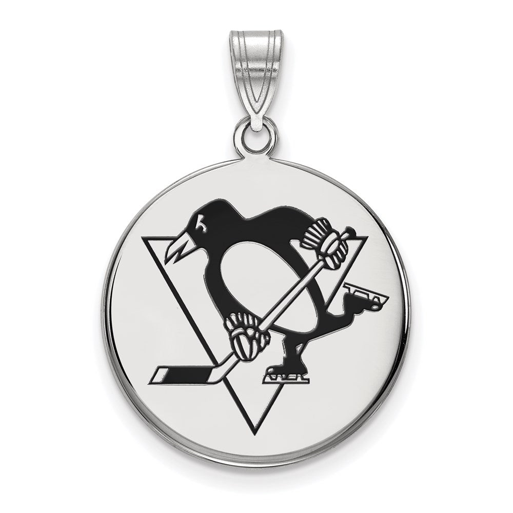Sterling Silver Rhodium-plated NHL LogoArt Pittsburgh Penguins Large Enameled Disc Pendant
