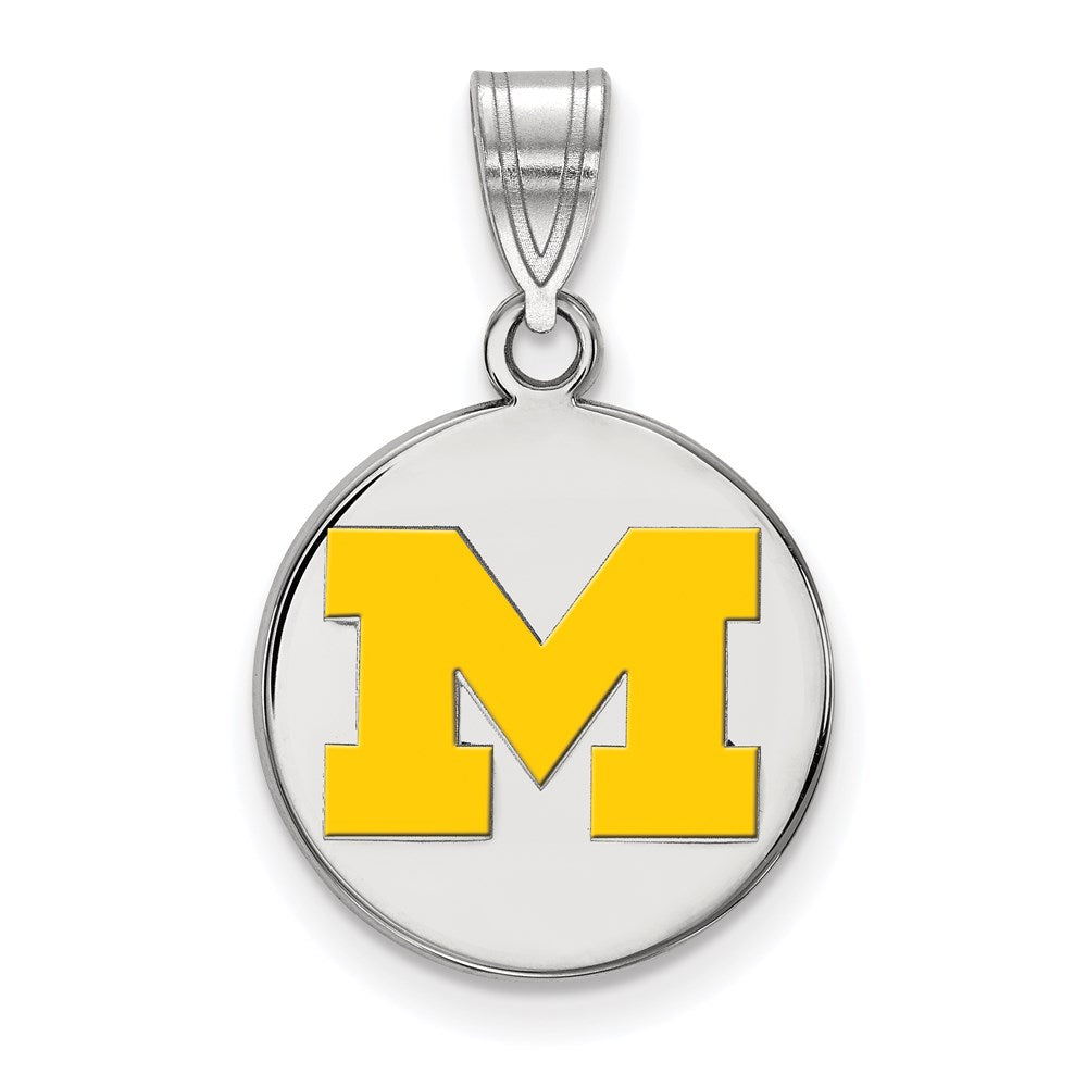 Sterling Silver Rhodium-plated LogoArt University of Michigan Letter M Medium Yellow Enameled Disc Pendant