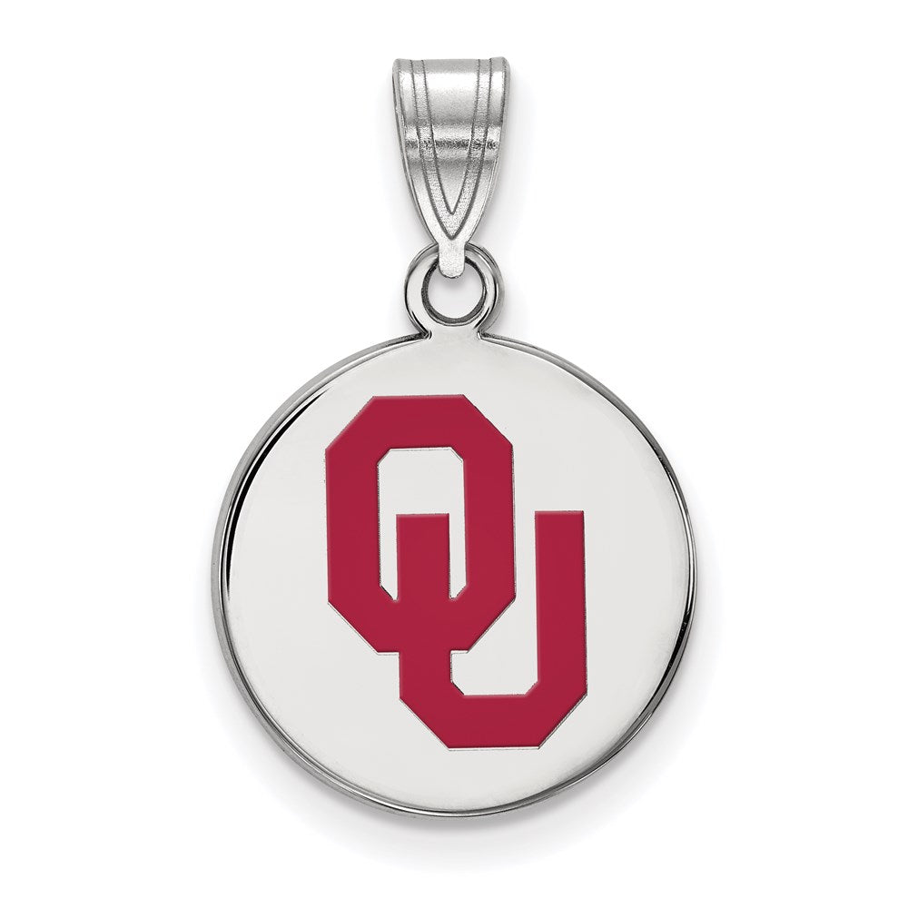 Sterling Silver Rhodium-plated LogoArt University of Oklahoma O-U Medium Enameled Disc Pendant