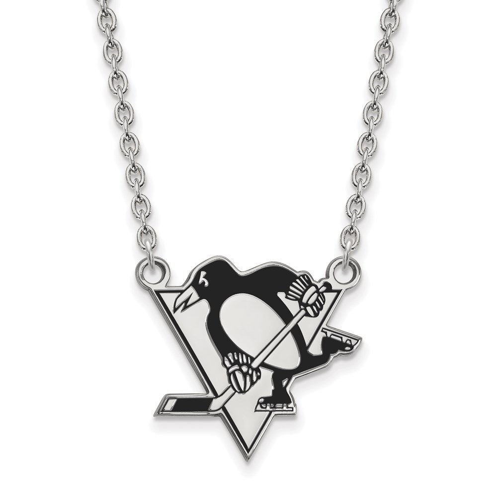 Sterling Silver Rhodium-plated NHL LogoArt Pittsburgh Penguins Large Enameled Pendant 18 inch Necklace