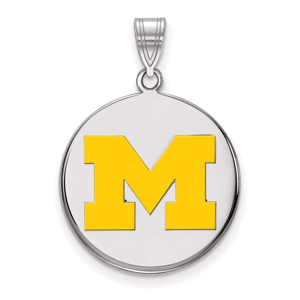 Sterling Silver Rhodium-plated LogoArt University of Michigan Letter M Large Yellow Enameled Disc Pendant