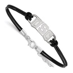 Sterling Silver Rhodium-plated University of Southern California U-S-C Small Center Black Leather 7 inch Bracelet with Extender