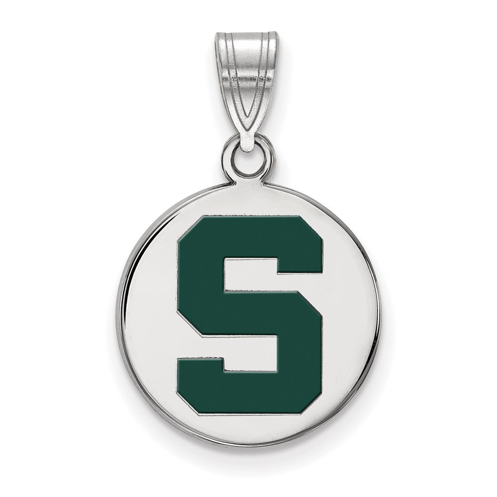Sterling Silver Rhodium-plated LogoArt Michigan State U Medium Enameled Disc Pendant