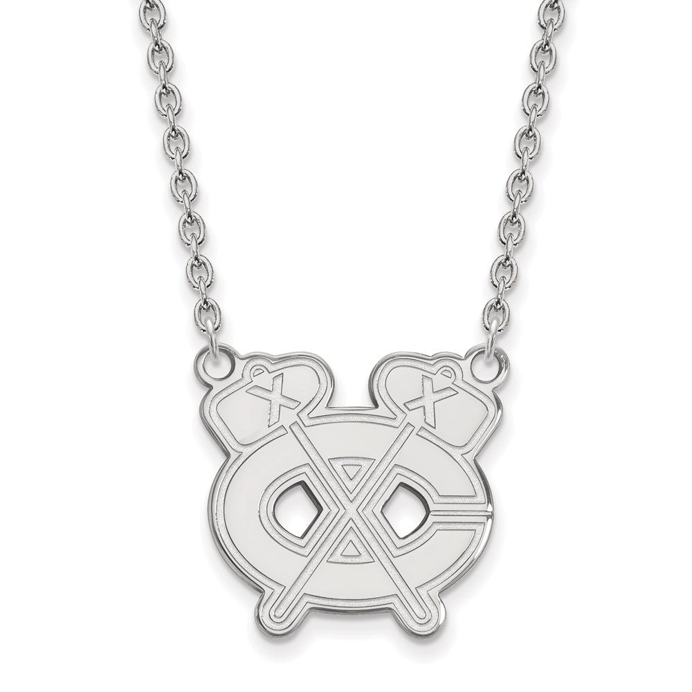 Sterling Silver Rhodium-plated NHL LogoArt Chicago Blackhawks Letter C and Tomahawk Large Pendant 18 inch Necklace