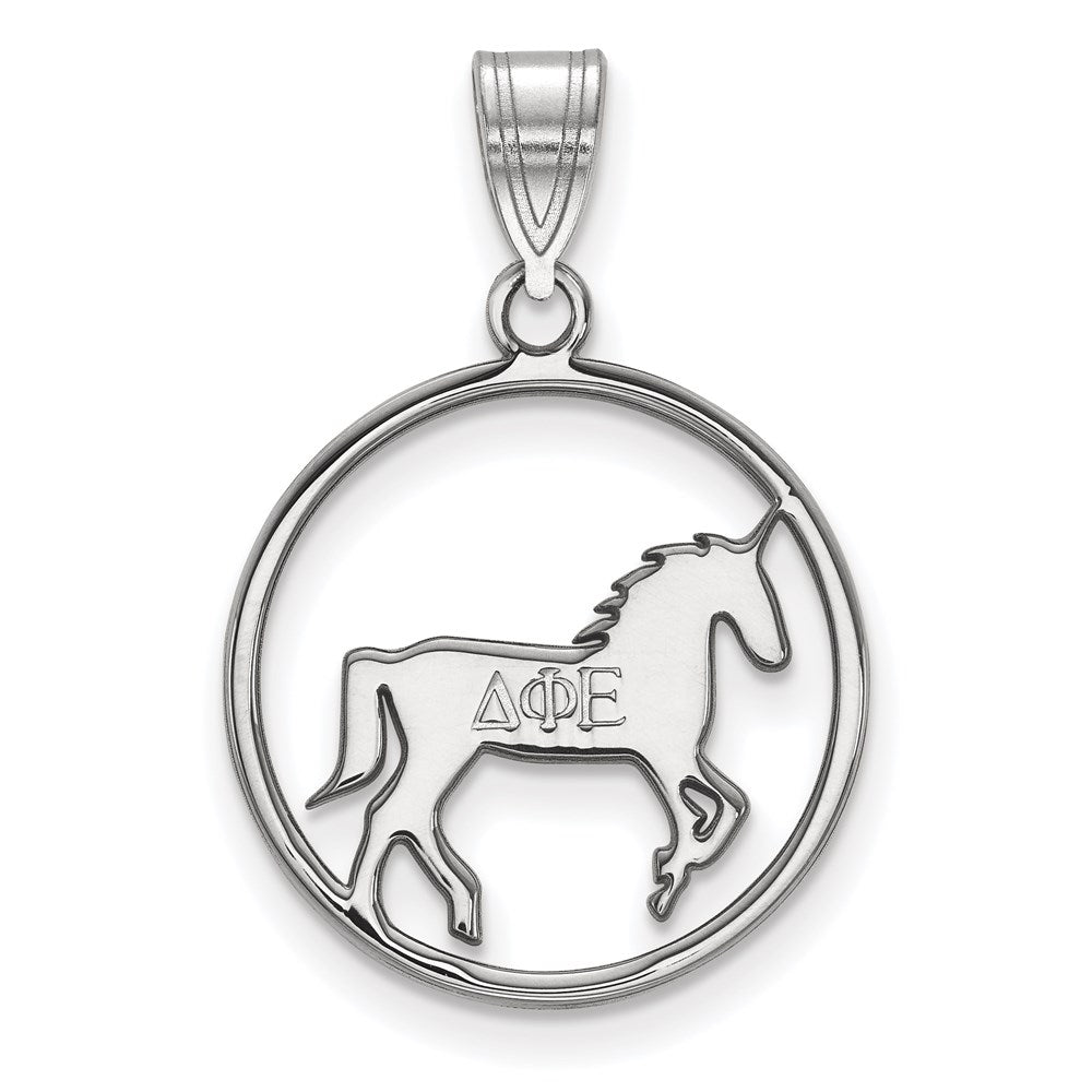 Sterling Silver Rhodium-plated LogoArt Delta Phi Epsilon Sorority Symbol Medium Circle Pendant