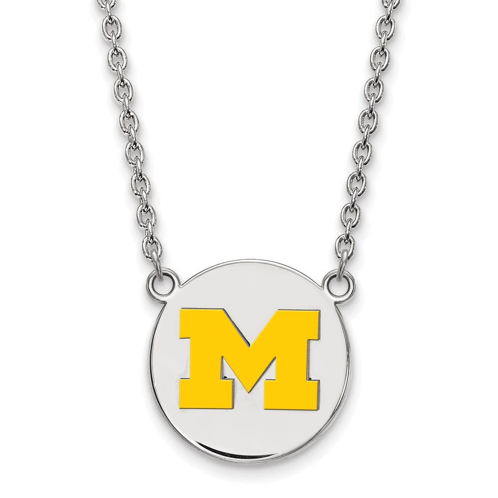 Sterling Silver Rhodium-plated LogoArt University of Michigan Letter M Large Yellow Enameled Disc Pendant 18 inch Necklace