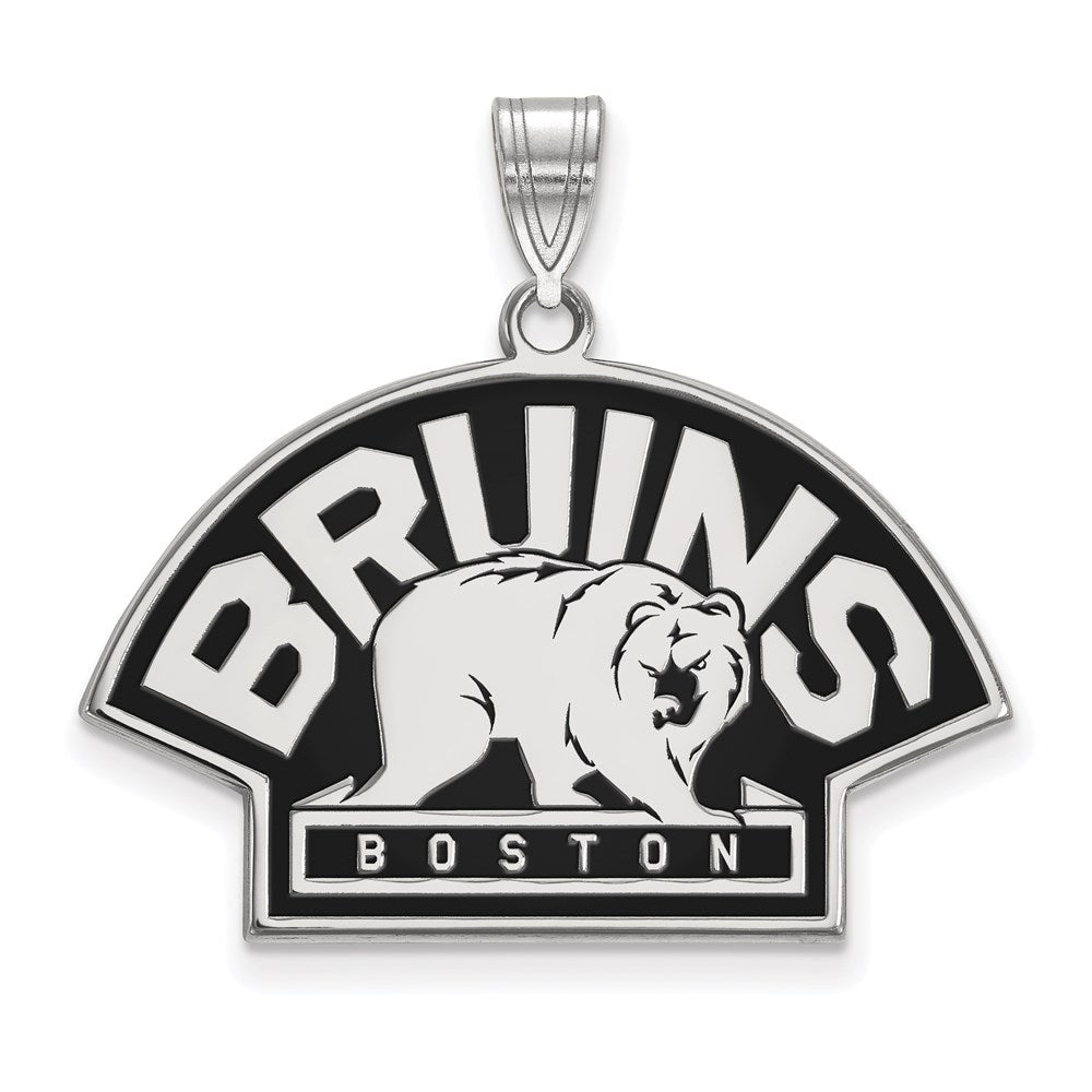 Sterling Silver Rhodium-plated NHL LogoArt Boston Bruins Large Enameled Pendant