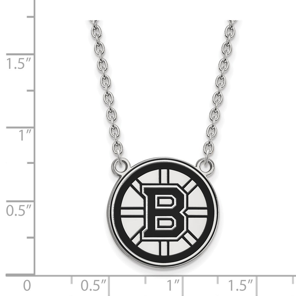 Sterling Silver Rhodium-plated NHL LogoArt Boston Bruins Large Enameled Pendant 18 inch Necklace