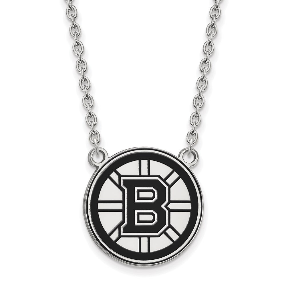 Sterling Silver Rhodium-plated NHL LogoArt Boston Bruins Large Enameled Pendant 18 inch Necklace