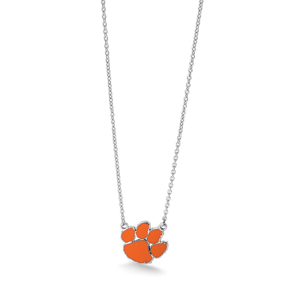 Sterling Silver Rhodium-plated LogoArt Clemson University Tiger Paw Large Enameled Pendant 18 inch Necklace