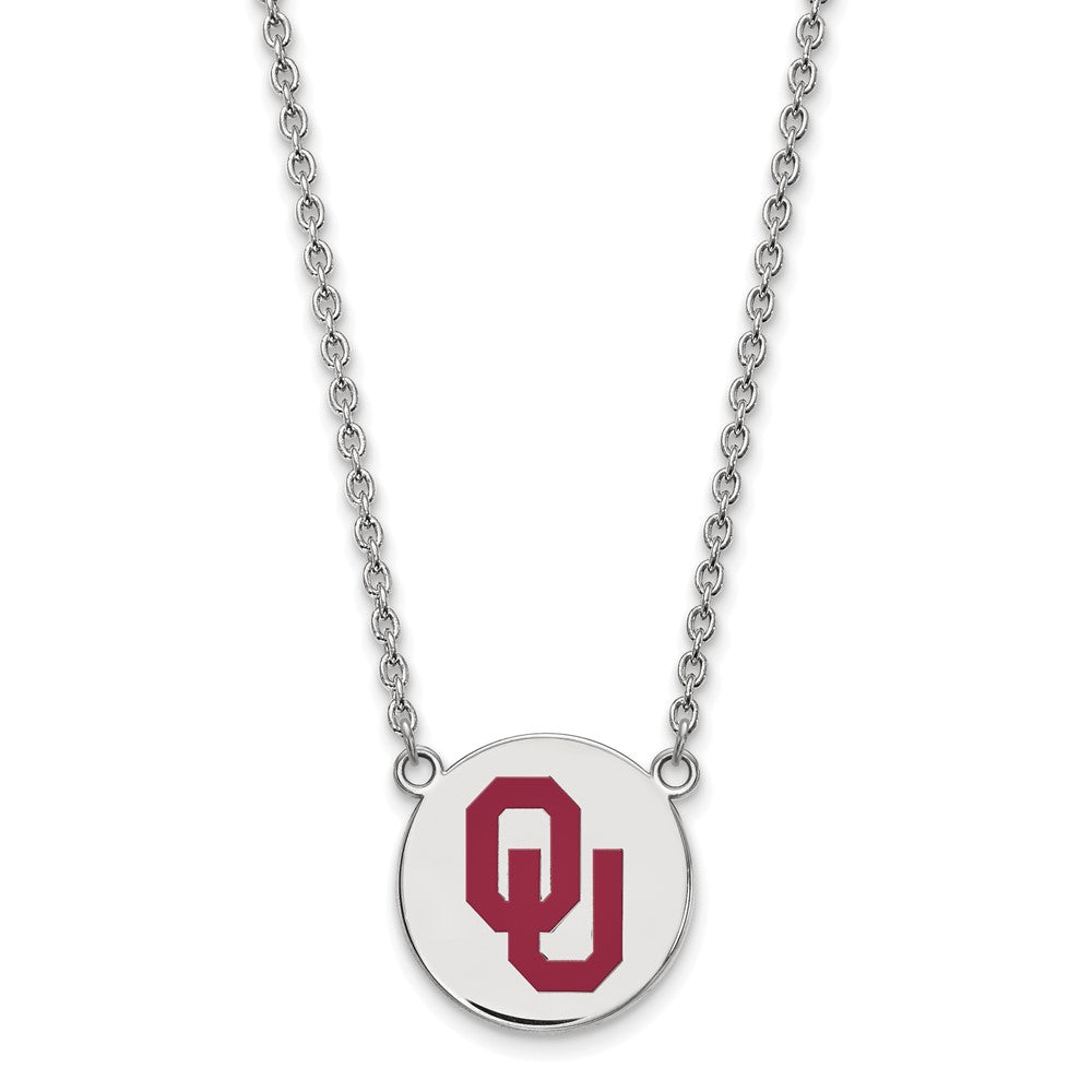 Sterling Silver Rhodium-plated LogoArt University of Oklahoma O-U Large Enameled Disc Pendant 18 inch Necklace