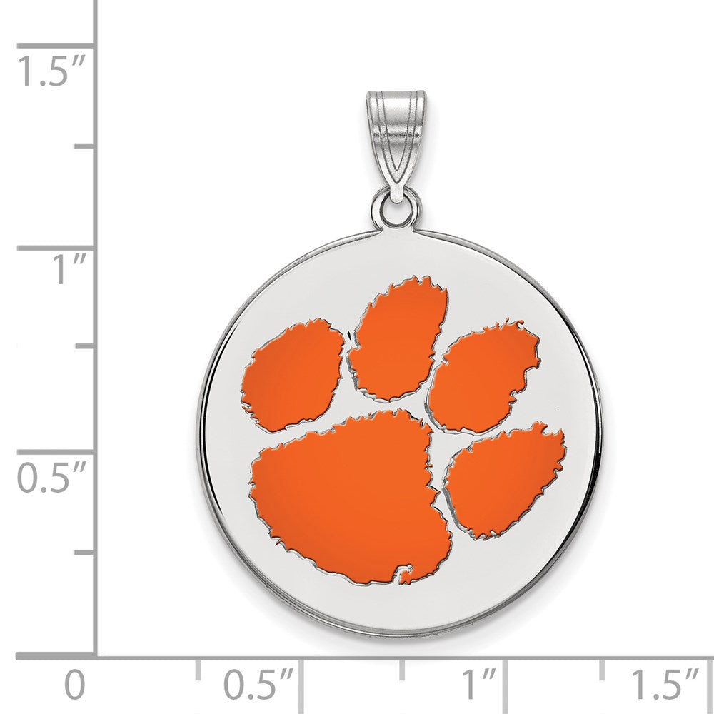 Sterling Silver Rhodium-plated LogoArt Clemson University Tiger Paw Extra Large Enameled Disc Pendant