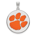 Sterling Silver Rhodium-plated LogoArt Clemson University Tiger Paw Extra Large Enameled Disc Pendant