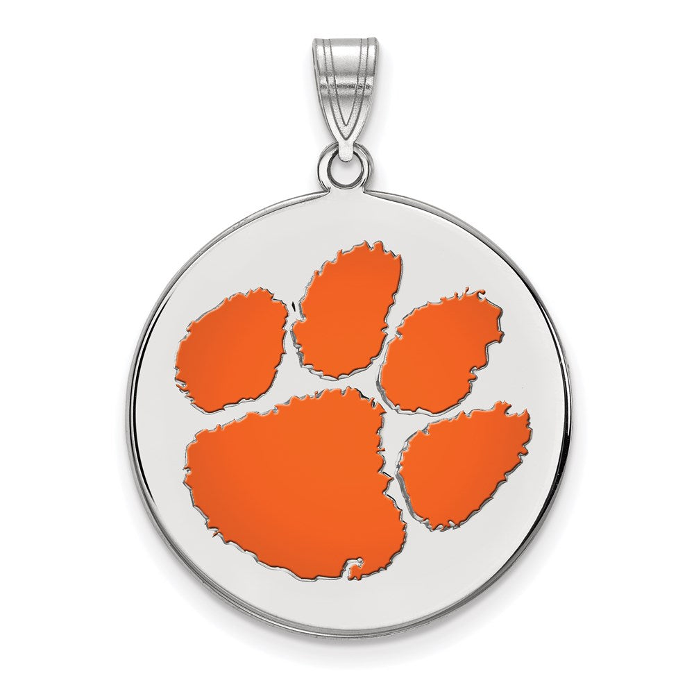 Sterling Silver Rhodium-plated LogoArt Clemson University Tiger Paw Extra Large Enameled Disc Pendant