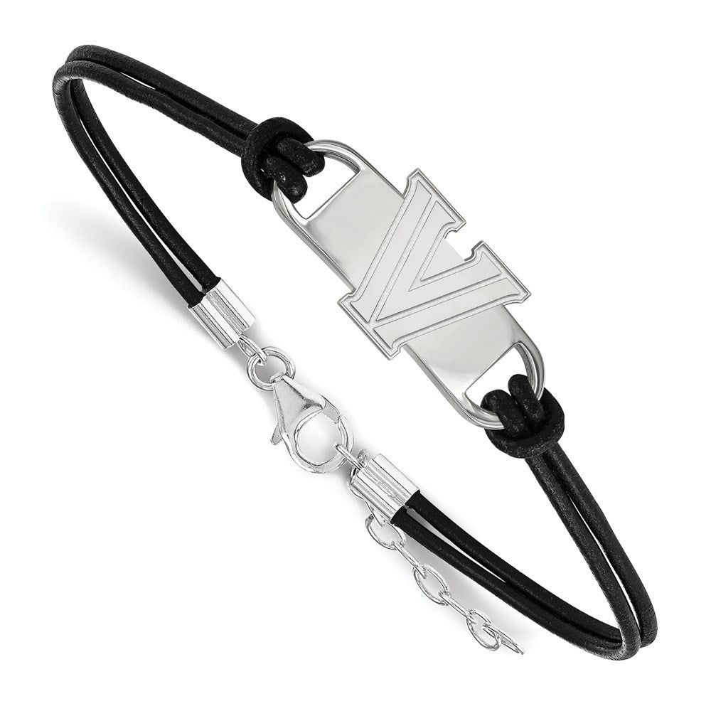 Sterling Silver Rhodium-plated LogoArt Villanova University Letter V Small Center Black Leather 7 inch Bracelet with Extender