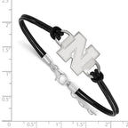 Sterling Silver Rhodium-plated LogoArt University of Nebraska Letter N Black Leather 7 inch Bracelet with Extender