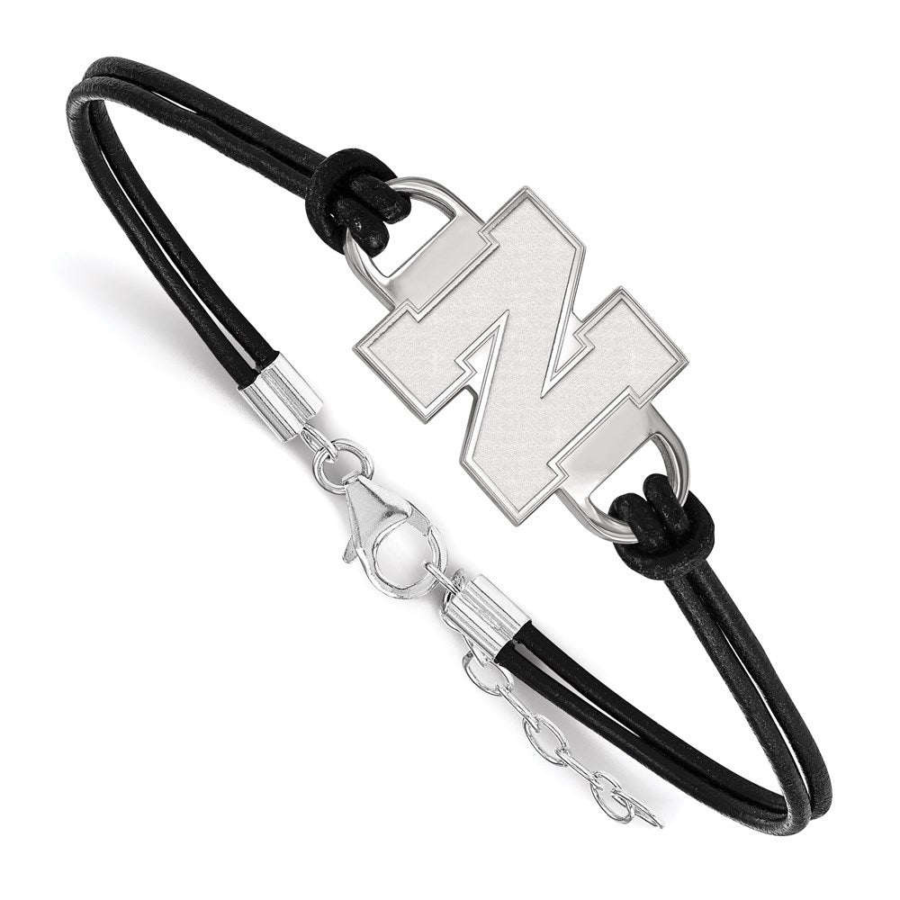 Sterling Silver Rhodium-plated LogoArt University of Nebraska Letter N Black Leather 7 inch Bracelet with Extender