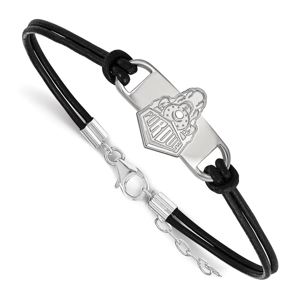 Sterling Silver Rhodium-plated LogoArt Purdue University Boilermakers Train Logo Small Center Black Leather 7 inch Bracelet with Extender