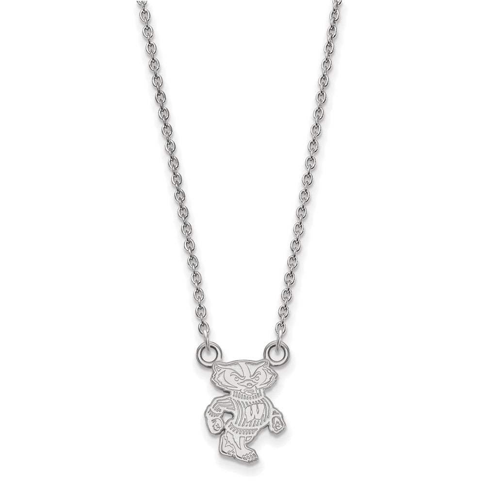 10k White Gold LogoArt University of Wisconsin Badger Small Pendant 18 inch Necklace