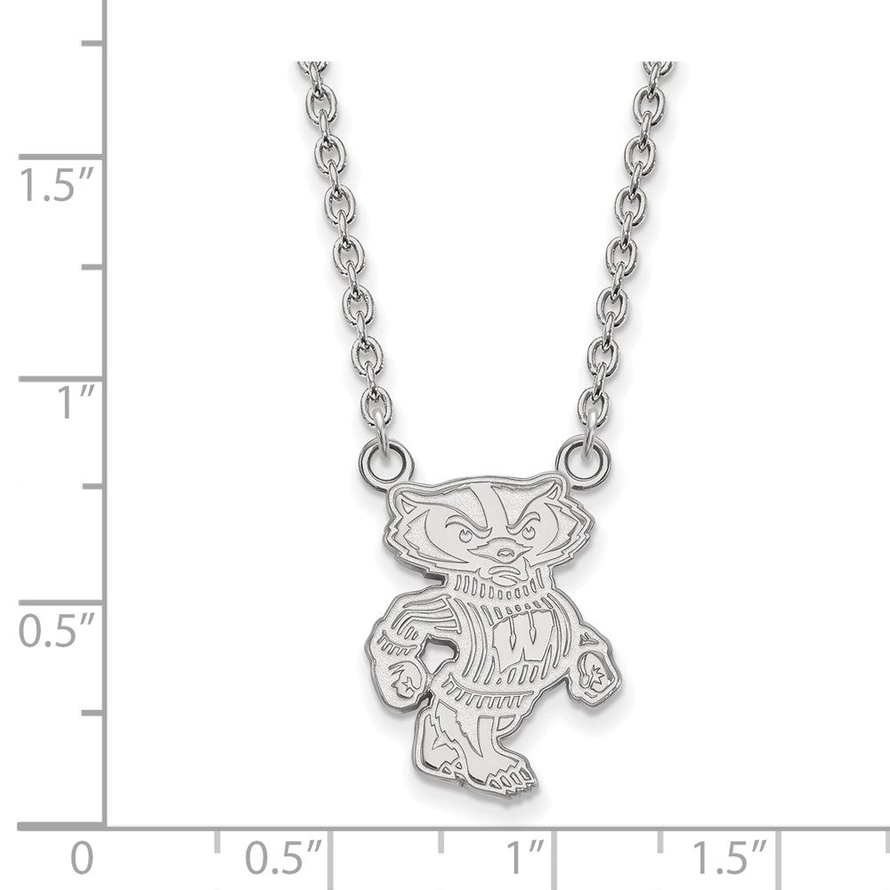 Sterling Silver Rhodium-plated LogoArt University of Wisconsin Badger Large Pendant 18 inch Necklace