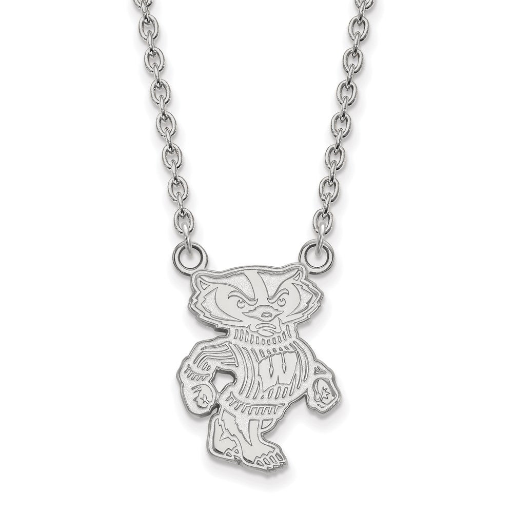 14k White Gold LogoArt University of Wisconsin Badger Large Pendant 18 inch Necklace