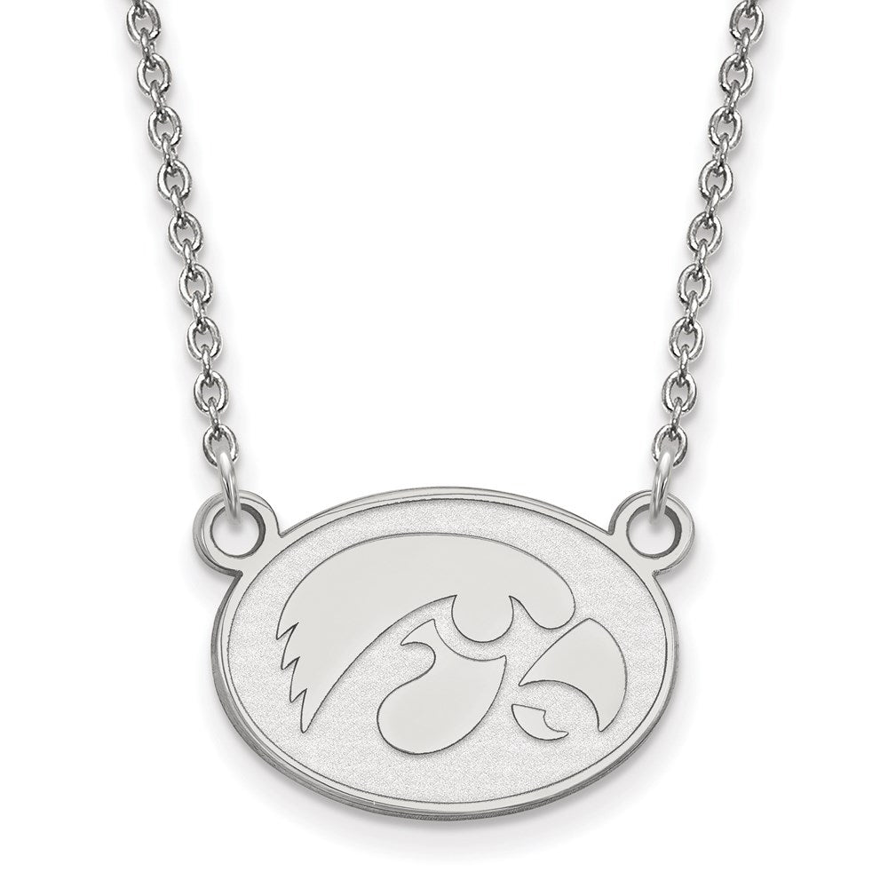 10k White Gold LogoArt University of Iowa Hawk Small Oval Pendant 18 inch Necklace