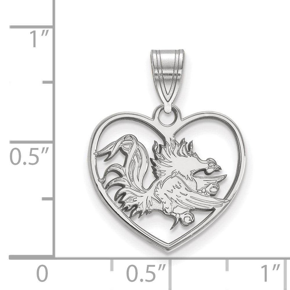 Sterling Silver Rhodium-plated LogoArt University of South Carolina Gamecock Heart Pendant