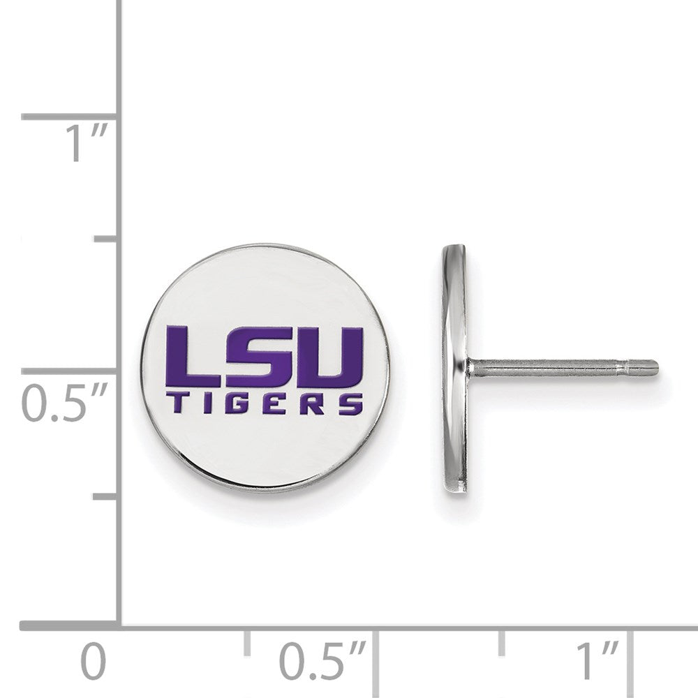 Sterling Silver Rhodium-plated LogoArt Louisiana State University L-S-U Tigers Small Enameled Disc Post Earrings