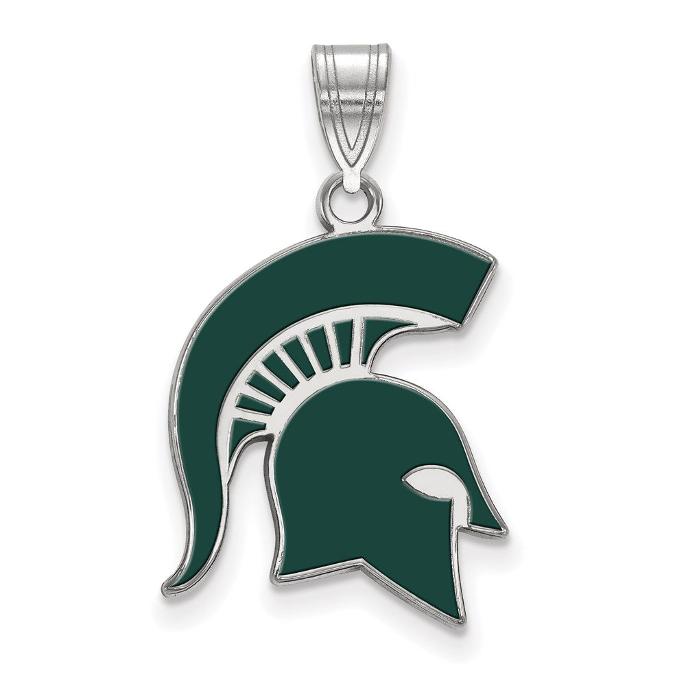 Sterling Silver Rhodium-plated LogoArt Michigan State University Spartan Large Enameled Pendant