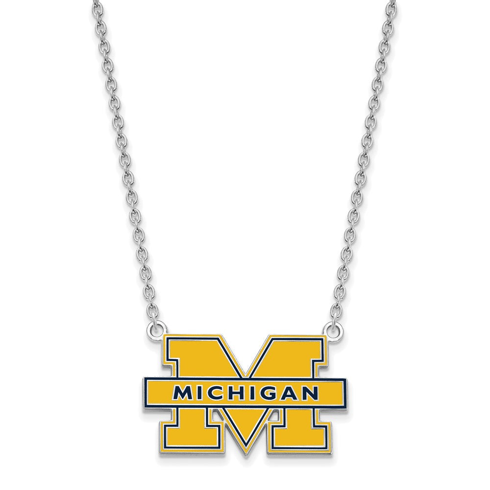 Sterling Silver Rhodium-plated LogoArt University of Michigan Letter M Large Blue Enameled Pendant 18 inch Necklace