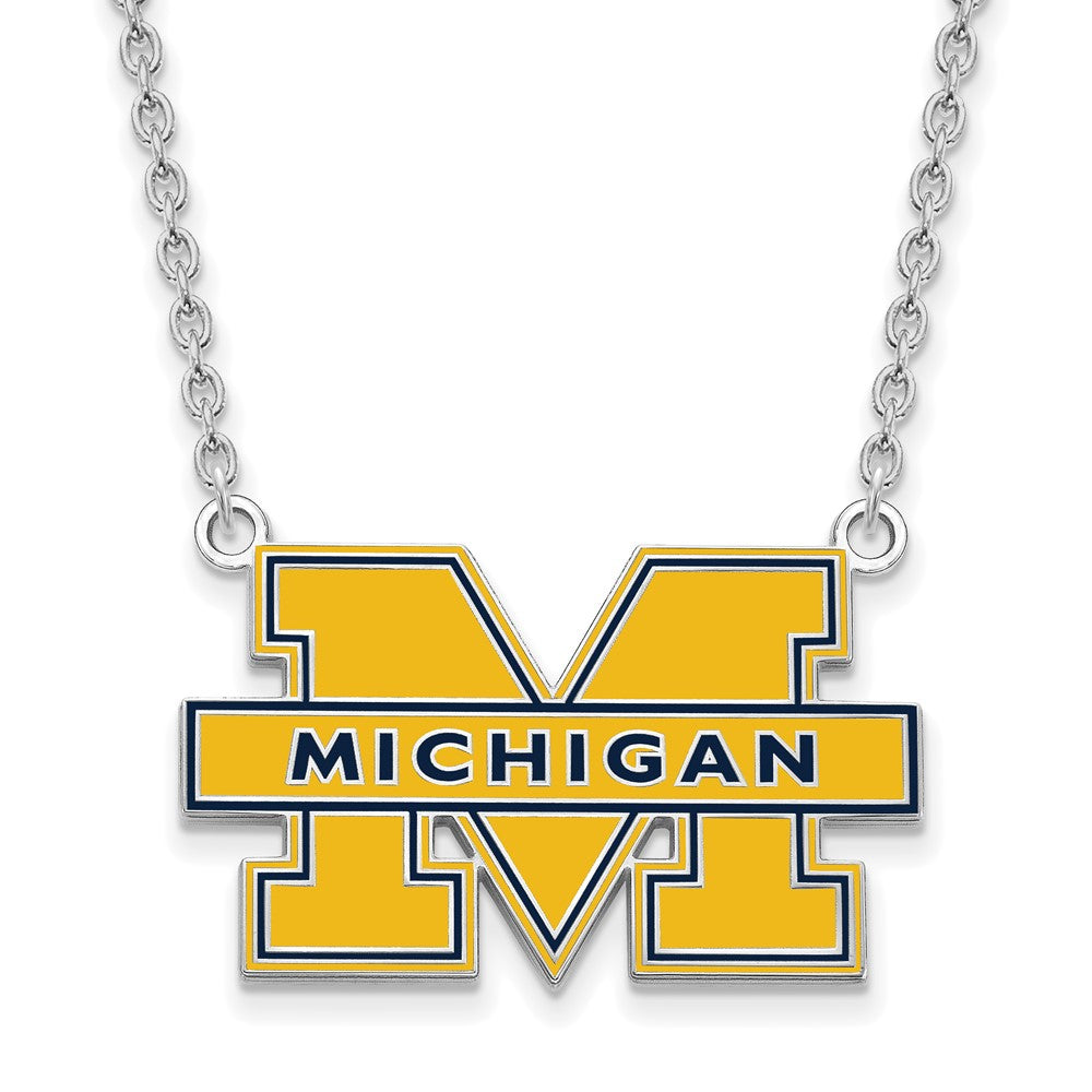Sterling Silver Rhodium-plated LogoArt University of Michigan Letter M Large Blue Enameled Pendant 18 inch Necklace