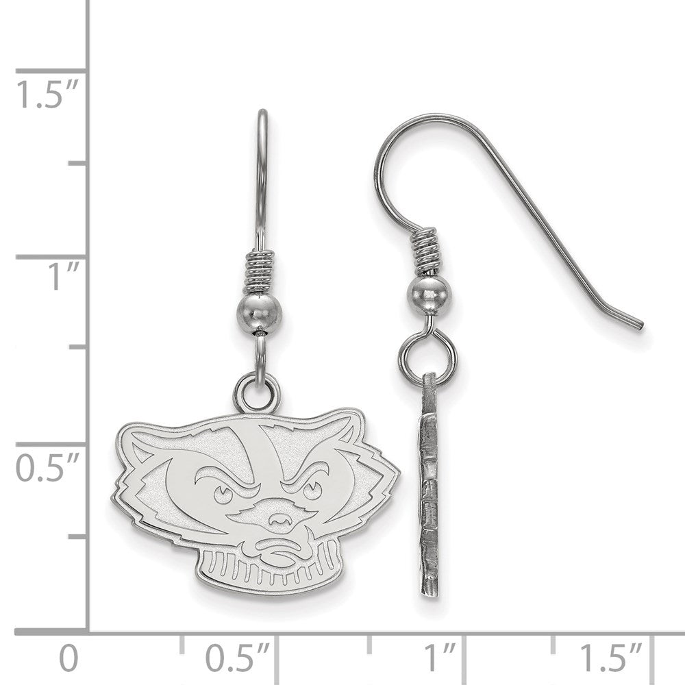 Sterling Silver Rhodium-plated LogoArt University of Wisconsin Badger Small Dangle Wire Earrings