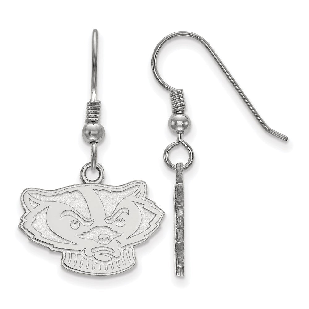 Sterling Silver Rhodium-plated LogoArt University of Wisconsin Badger Small Dangle Wire Earrings