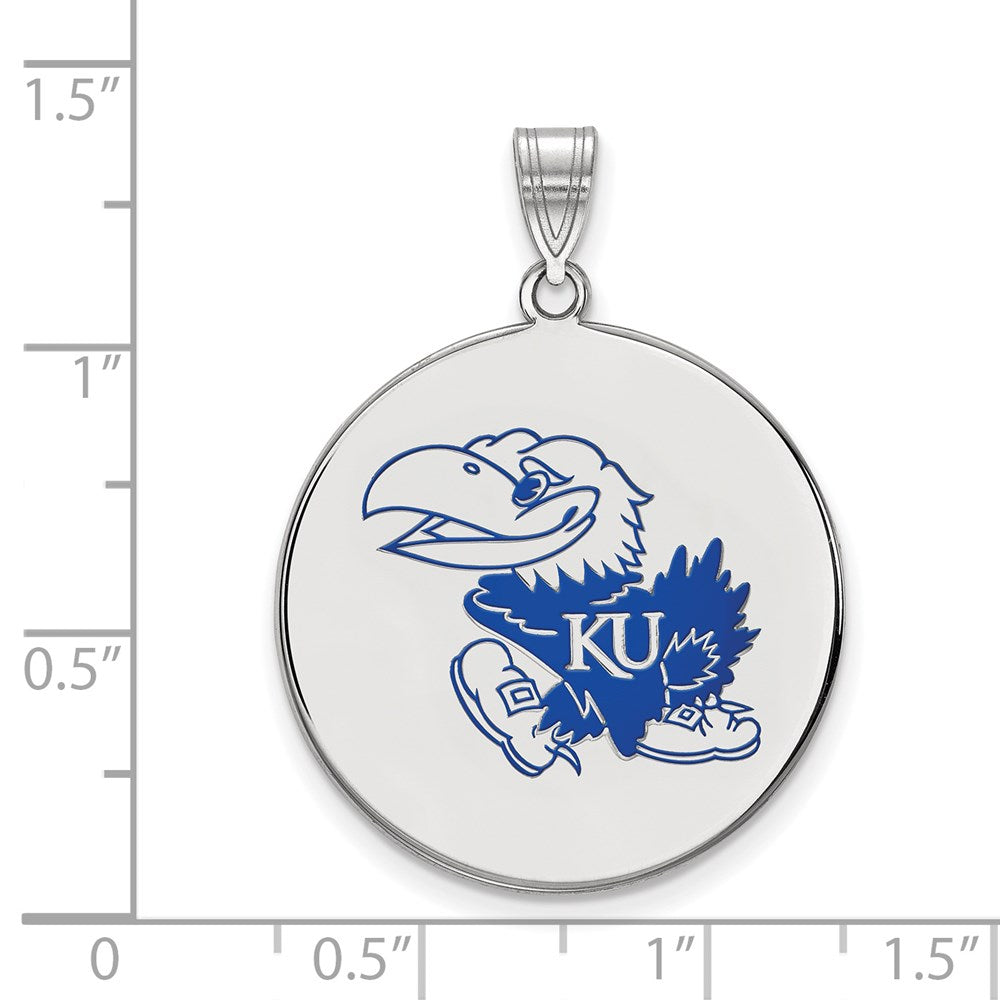 Sterling Silver Rhodium-plated LogoArt University of Kansas Jayhawk Extra Large Enameled Disc Pendant